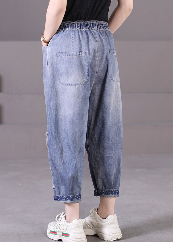 Blue Elastic Waist Pockets Patchwork Applique Cotton Denim Harem Pants Summer