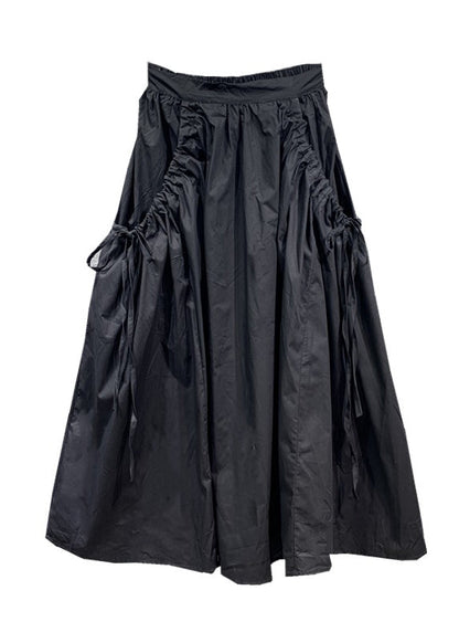 Black Cinched Pockets Elastic Waist Patchwork Cotton Skirt Spring