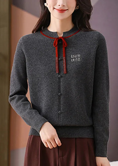 Dark Gray O Neck Lace Up Woolen Short Sweater Winter