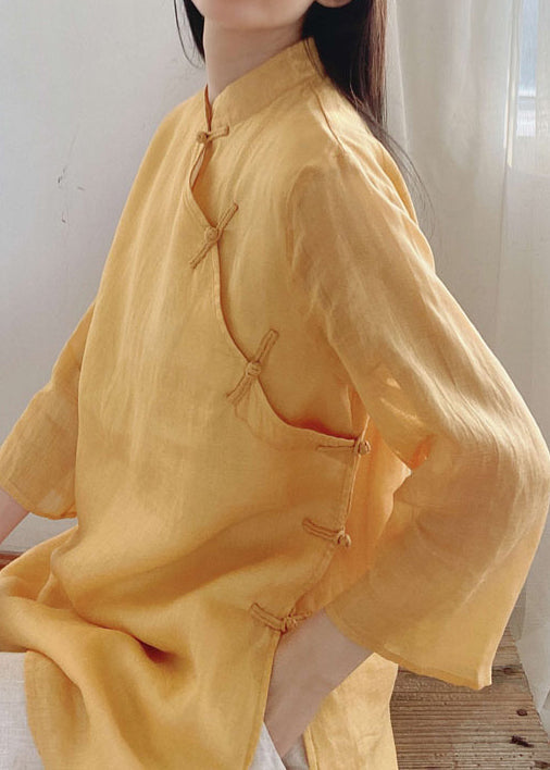 Yellow Stand Collar Button Cotton Shirt Tops Spring