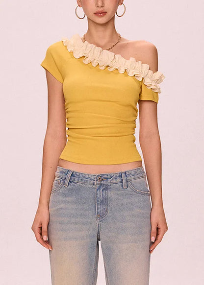 Art Yellow Cold Shoulder Ruffled Cotton T Shirt Summer