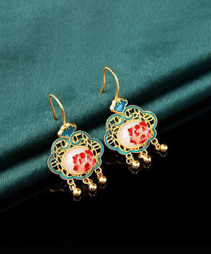 Green Ancient Gold Jade Enamel Tassel Drop Earrings