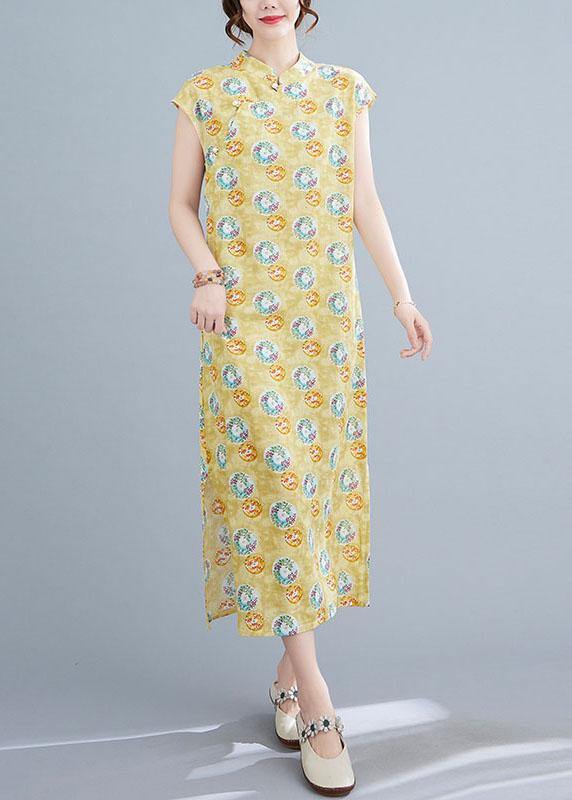 Yellow Print Cotton Dress Oriental Summer Vacation Dresses