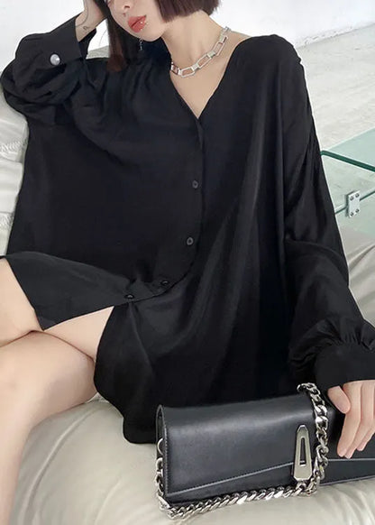 Organic Black V Neck Loose Button Fall Long Sleeve Shirt
