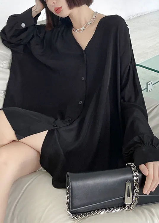 Organic Black V Neck Loose Button Fall Long Sleeve Shirt