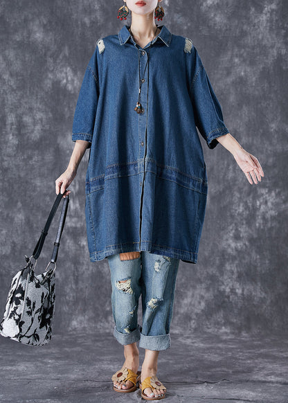 Blue Oversized Patchwork Denim Ripped Trench Coats Fall