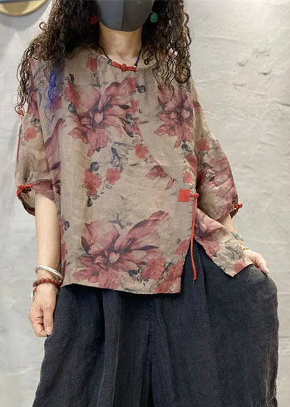 Art Red Print Asymmetrical Oriental Button Linen Shirt Top Half Sleeve