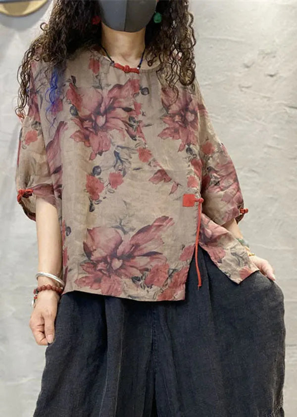 Art Red Print Asymmetrical Oriental Button Linen Shirt Top Half Sleeve