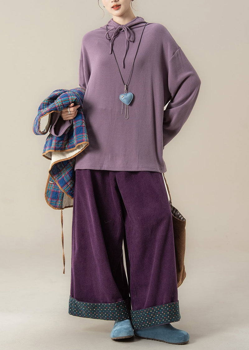 Loose Blue Plaid Lace Up Cotton Filled Waistcoat and Purple Wide Leg Pants Three Pieces Set Sleeveless