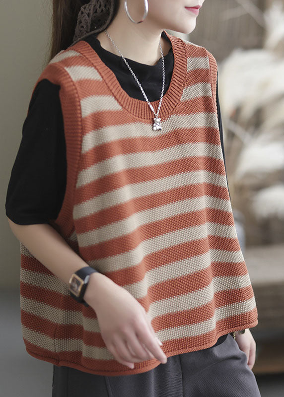 Organic Orange O-neck Striped Knit Tank Tops Sleeveless