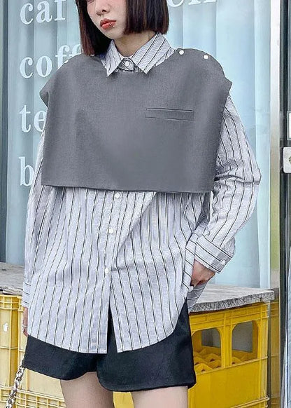 Grey Peter Pan Collar Button Fall Striped Shirt Long Sleeve