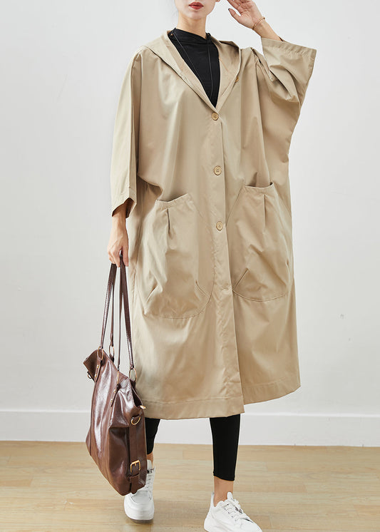 Beige Hooded Oversized Cotton Coats Batwing Sleeve