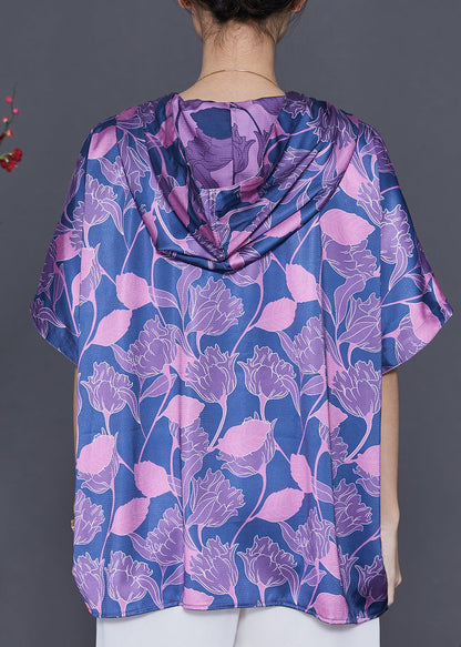 Blue Oversized Print Silk Sweatshirt Summer