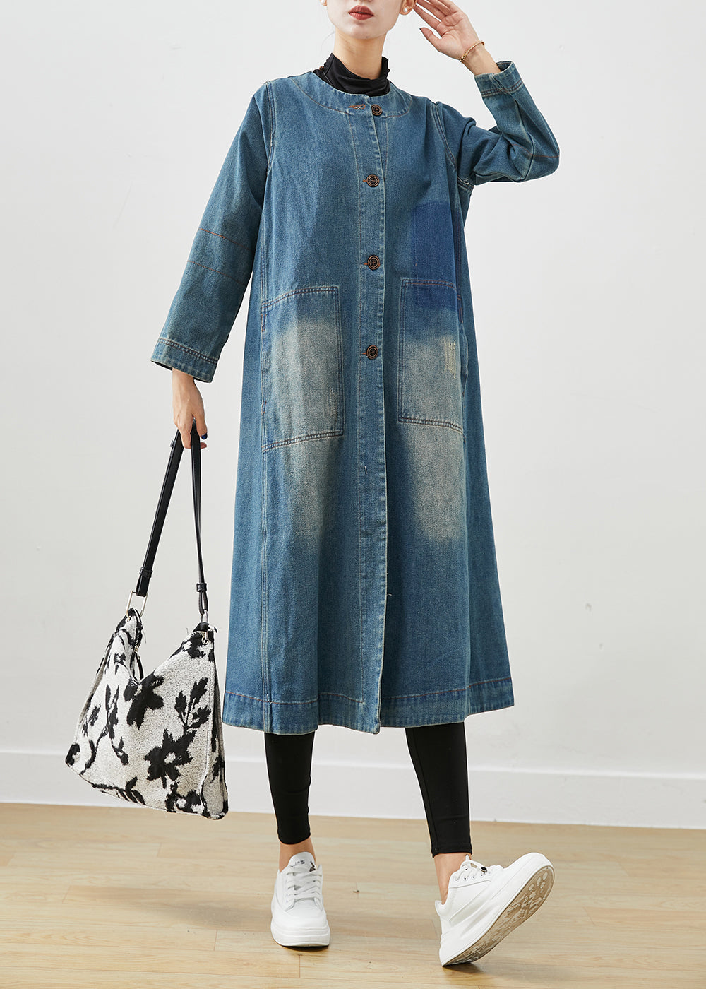 Diy Denim Blue O-neck Pockets Cotton Trench Coat Fall