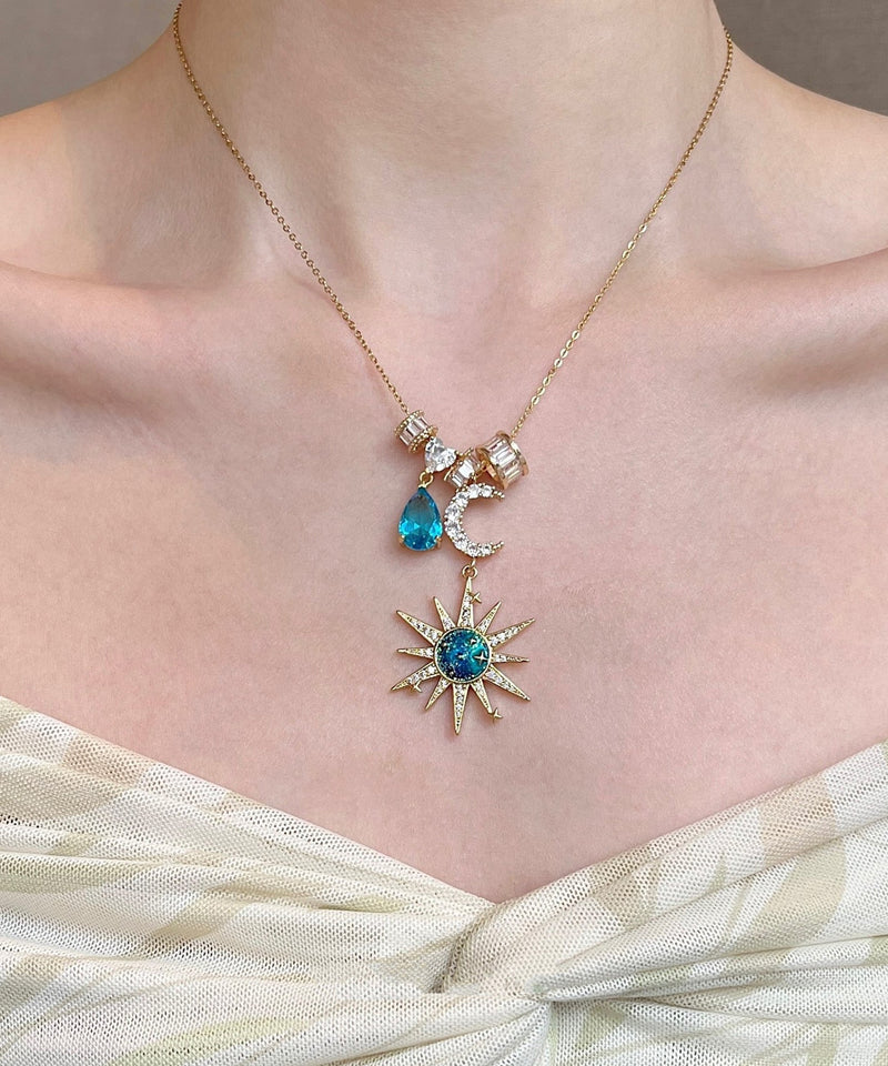 Blue Sun Moon Zircon Alloy Pendant Necklace