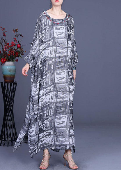 French Grey Print Cotton Linen Side Open Party Dress Summer