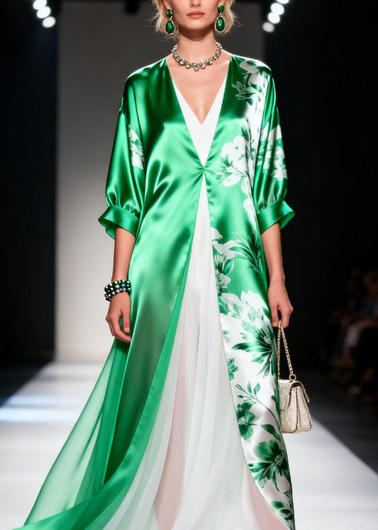 Green V Neck Print Patchwork Chiffon Dress Summer