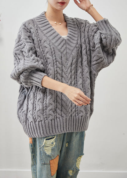 Grey Oversized Thick Cable Knit Sweater Tops Winter
