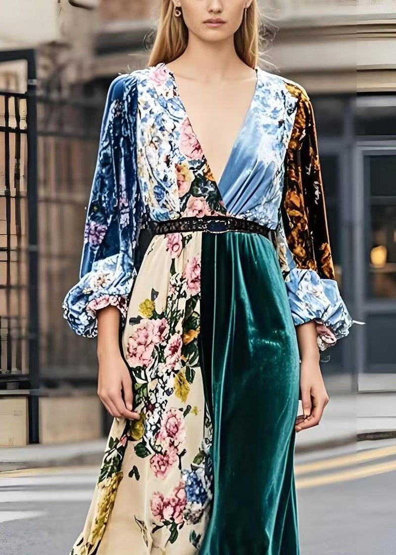 French Colorblock V Neck Patchwork Print Silk Velour Dresses Spring