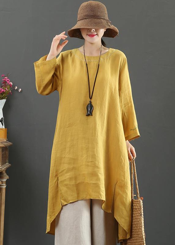 O Neck Low High Design Spring Clothes Shirts Yellow Embroidery Art Dress