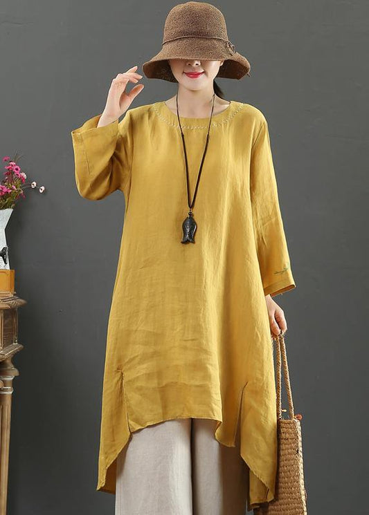 O Neck Low High Design Spring Clothes Shirts Yellow Embroidery Art Dress