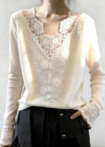 White V Neck Patchwork Jacquard Lace Shirt Tops Spring