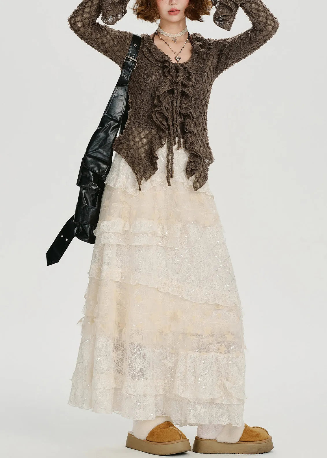 Coffee Ruffled Hollow Out Knit Shirts Flare Sleeve
