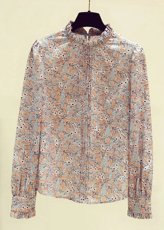 Stand Collarc Ruffled Print Chiffon Shirts Spring