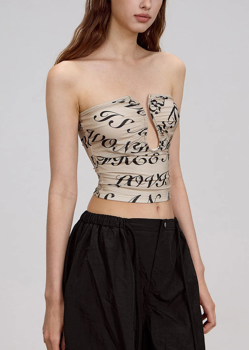 Khaki Print Hollow Out Cotton Strapless Top Summer