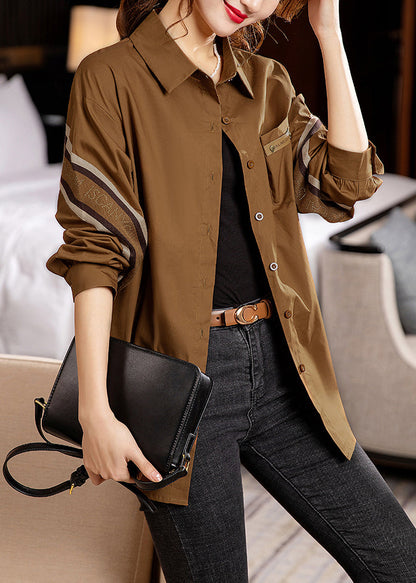 Coffee Peter Pan Collar Button Patchwork Cotton Shirt Fall