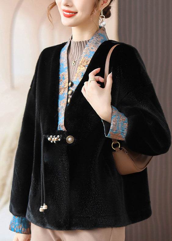 Black V Neck Pockets Patchwork Mink Hair Coats Fall