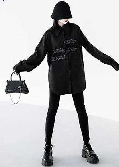 Black Peter Pan Collar Button Sequins Cotton Shirt Tops Long Sleeve