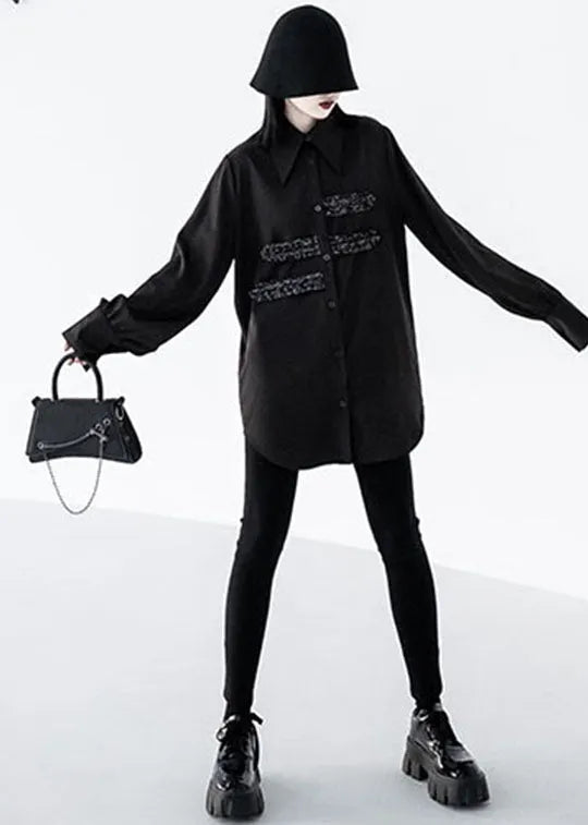 Black Peter Pan Collar Button Sequins Cotton Shirt Tops Long Sleeve