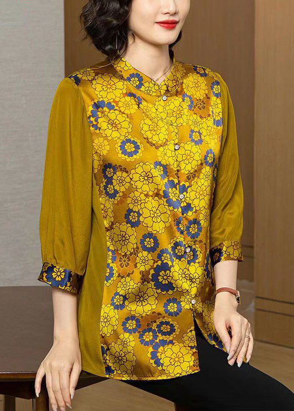Yellow Print Button Patchwork Silk Shirt Bracelet Sleeve