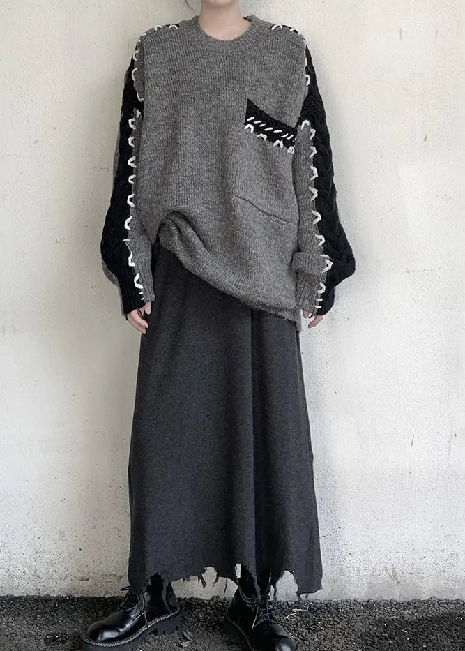 Style Grey Oversized Patchwork Knit Sweater Tops Winter
