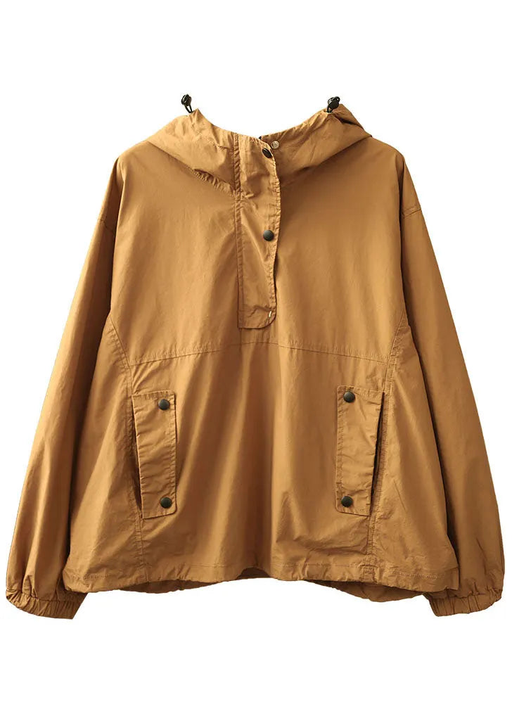 Khaki Hooded Button Pockets Fall Shirt Long Sleeve