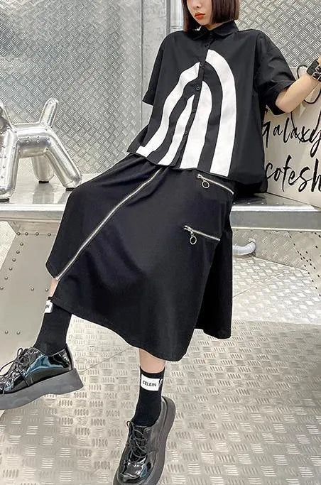 French Black Graphic Buttonlow High Design Shirt Top