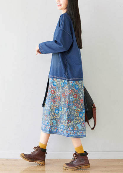 Blue Patchwork Print Sweatshirt Dresses Spring