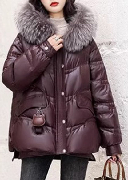 Coffee Fox Collar Zippered Duck Down Jackets Long Sleeve