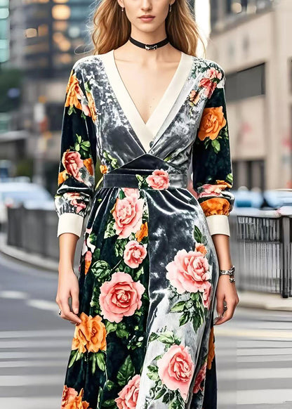 Silm Fit V Neck Patchwork Silk Velour Robe Dresses Spring