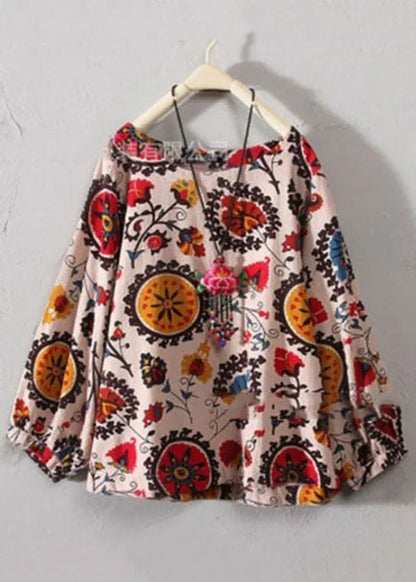 Red O-neck Print Cotton Top Long Sleeve