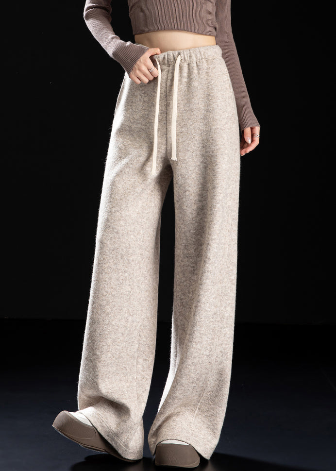 Beige Pockets Drawstring Woolen Pants Spring