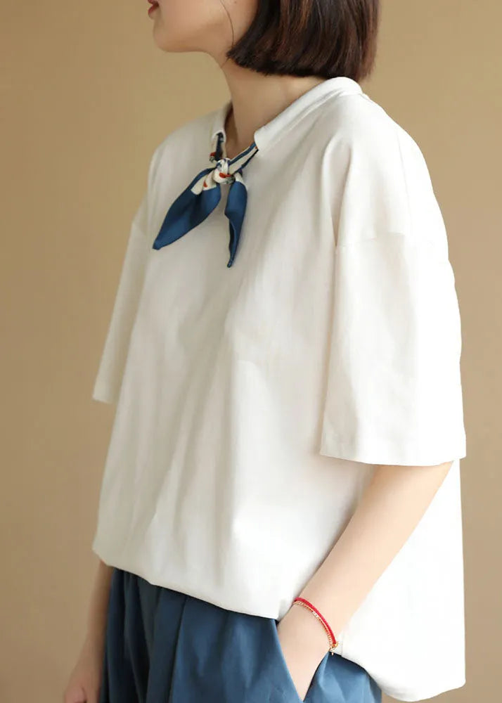 White O-neck Drawstring Bow Cotton Tank Short Sleeve