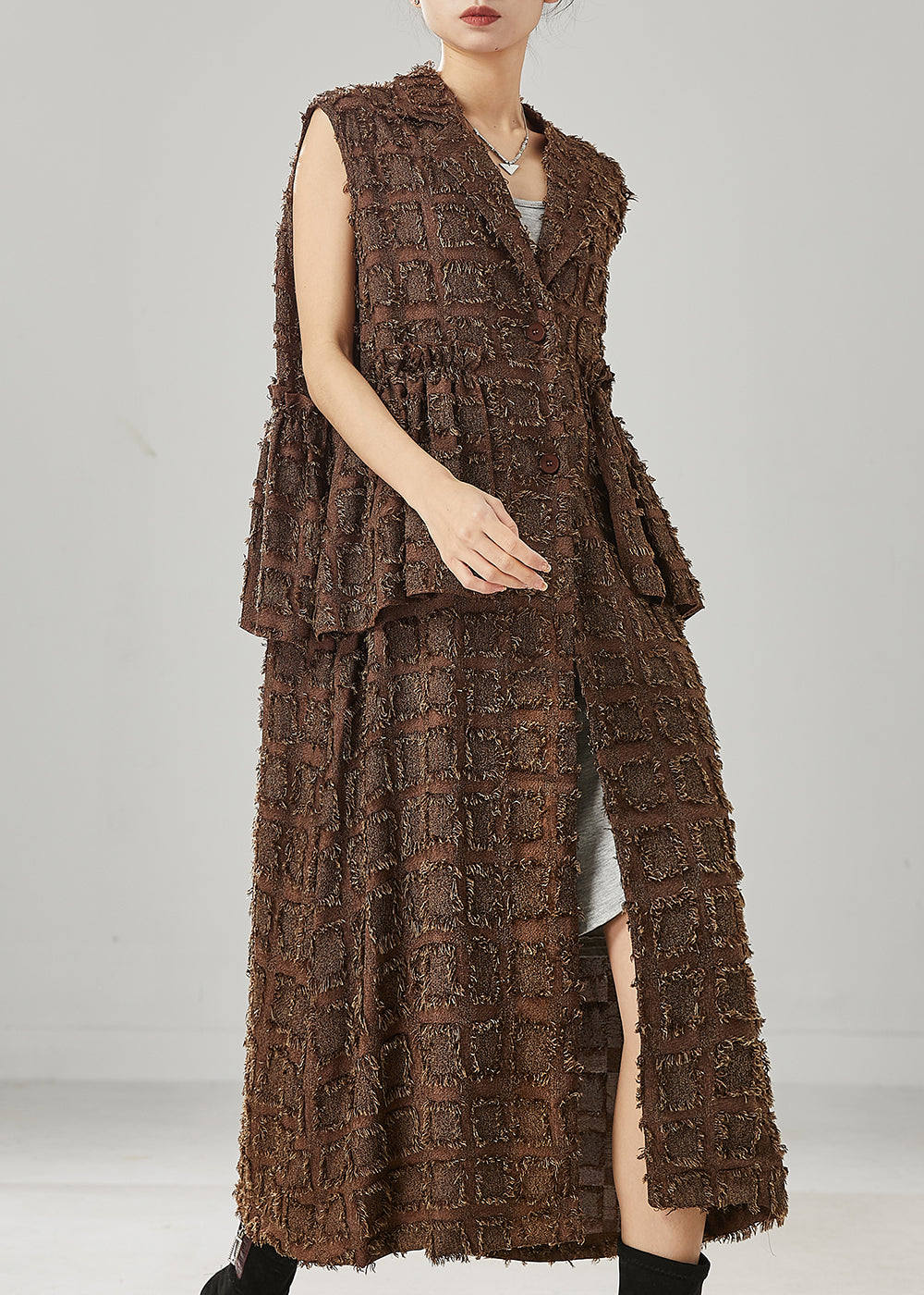 Brown Ruffled Cotton Long Vests Spring