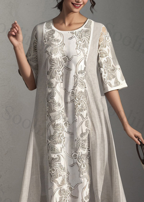 Apricot O Neck Print Patchwork Silk Dress Summer