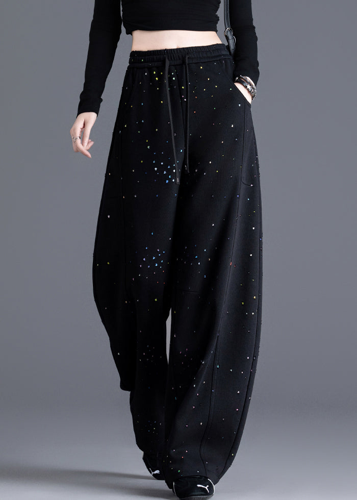 Black Pockets Print Elastic Waist Denim Pants Spring