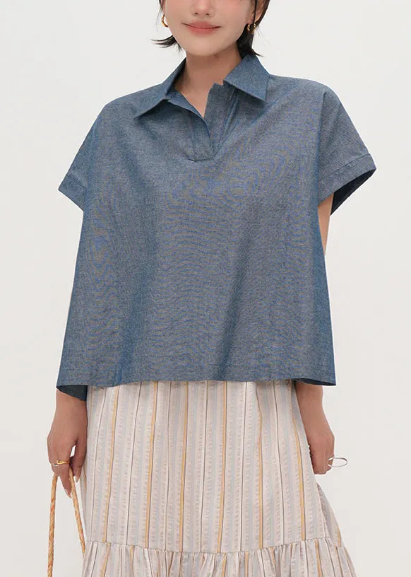 Blue Peter Pan Collar Oversized Cotton Shirts Summer