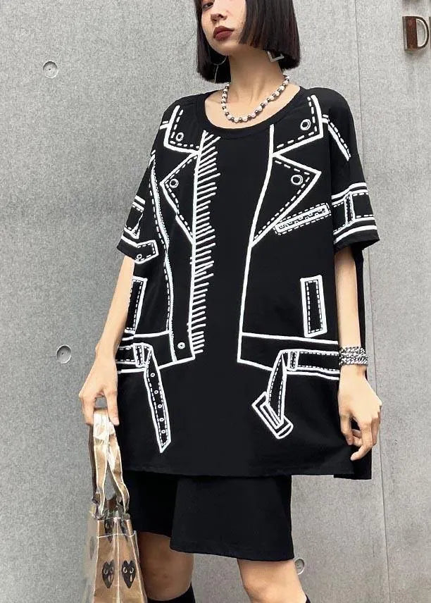 Black Graphic O-neck Cotton Shirt Top