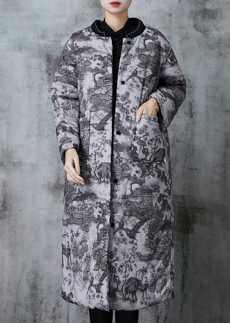 Grey Print Pockets Fine Cotton Filled Coats Winter