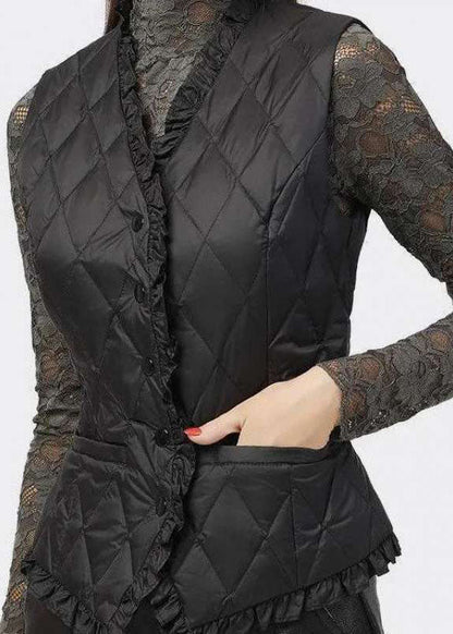 Black Button Ruffled V Neck Fine Cotton Filled Vest Spring